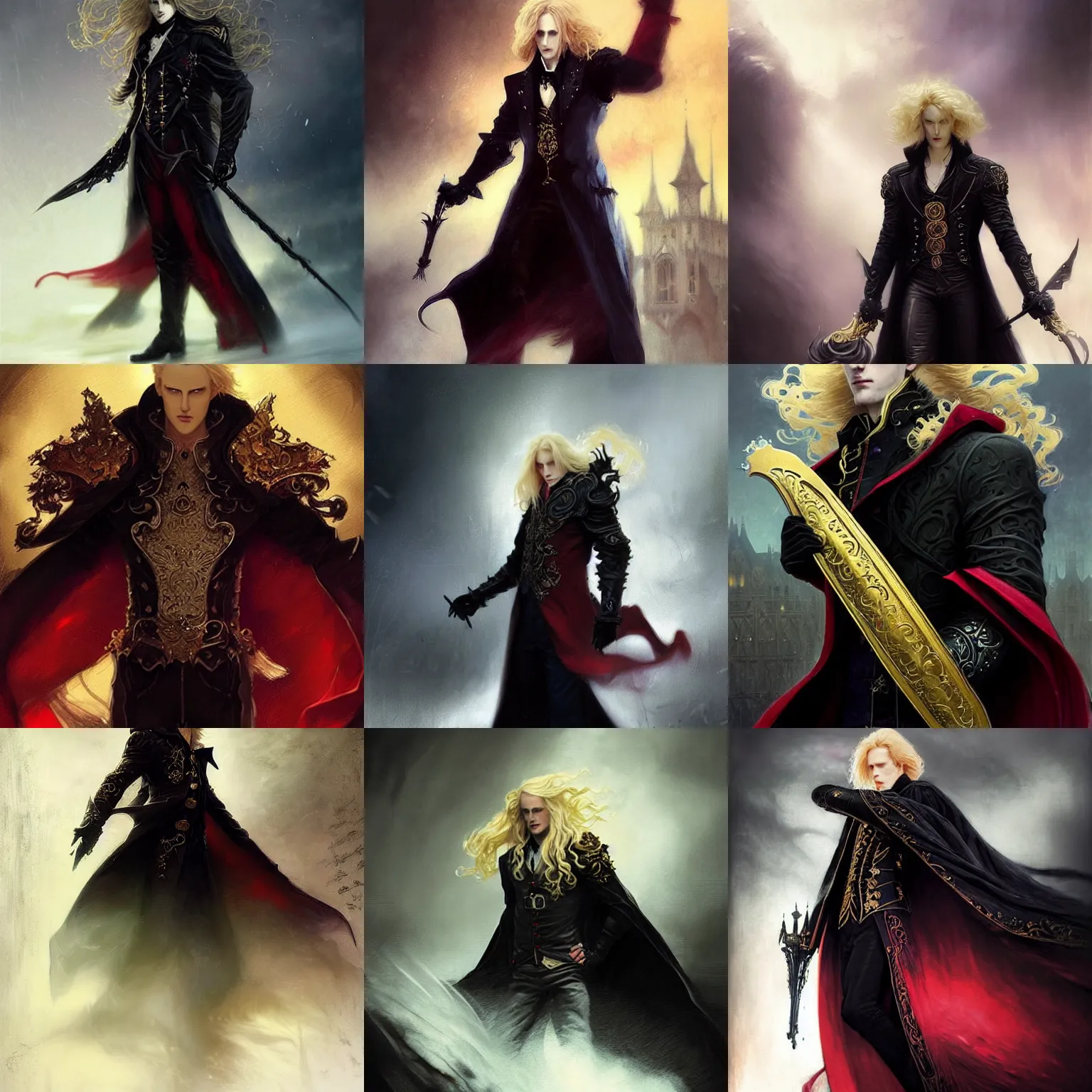 Prompt: johan liebert mixed with alucard picture by Greg Rutkowski, long fluffy blond curly hair, baroque curls, menacing black imperial armor, red tabard with gold embroidery, dynamic pose, matte painting, intricate, z brush, fantasy concept art, elegant, by Stanley Artgerm Lau, WLOP, golden ratio, thomas kindkade, alphonse mucha, loish, Peter chung, norman Rockwell,