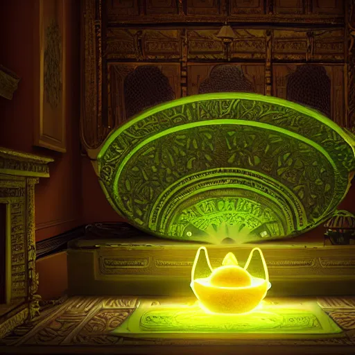 Prompt: a green avocado armchair in the center of golden ancient temple, illuminated by narrow light beam , fantasy illustration, trending on artstation, deviantart, very realistic, 4k