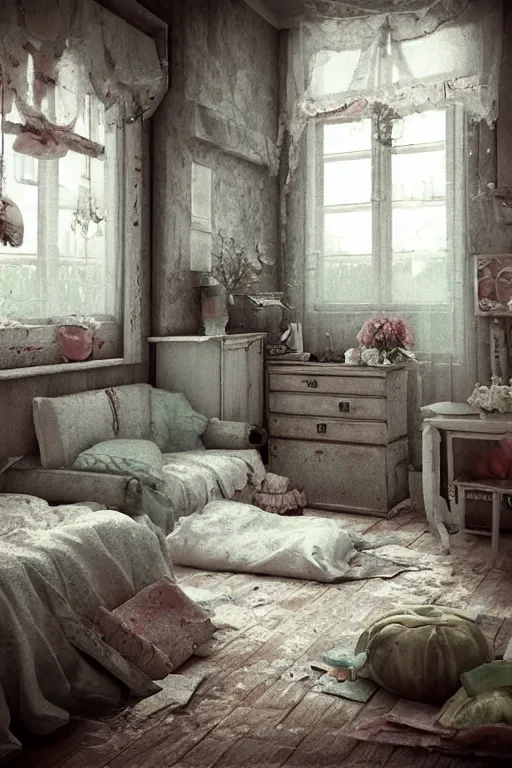 Image similar to hq sharp photo realistic shabby chic room with windows colorful atmospheric, artstation behance