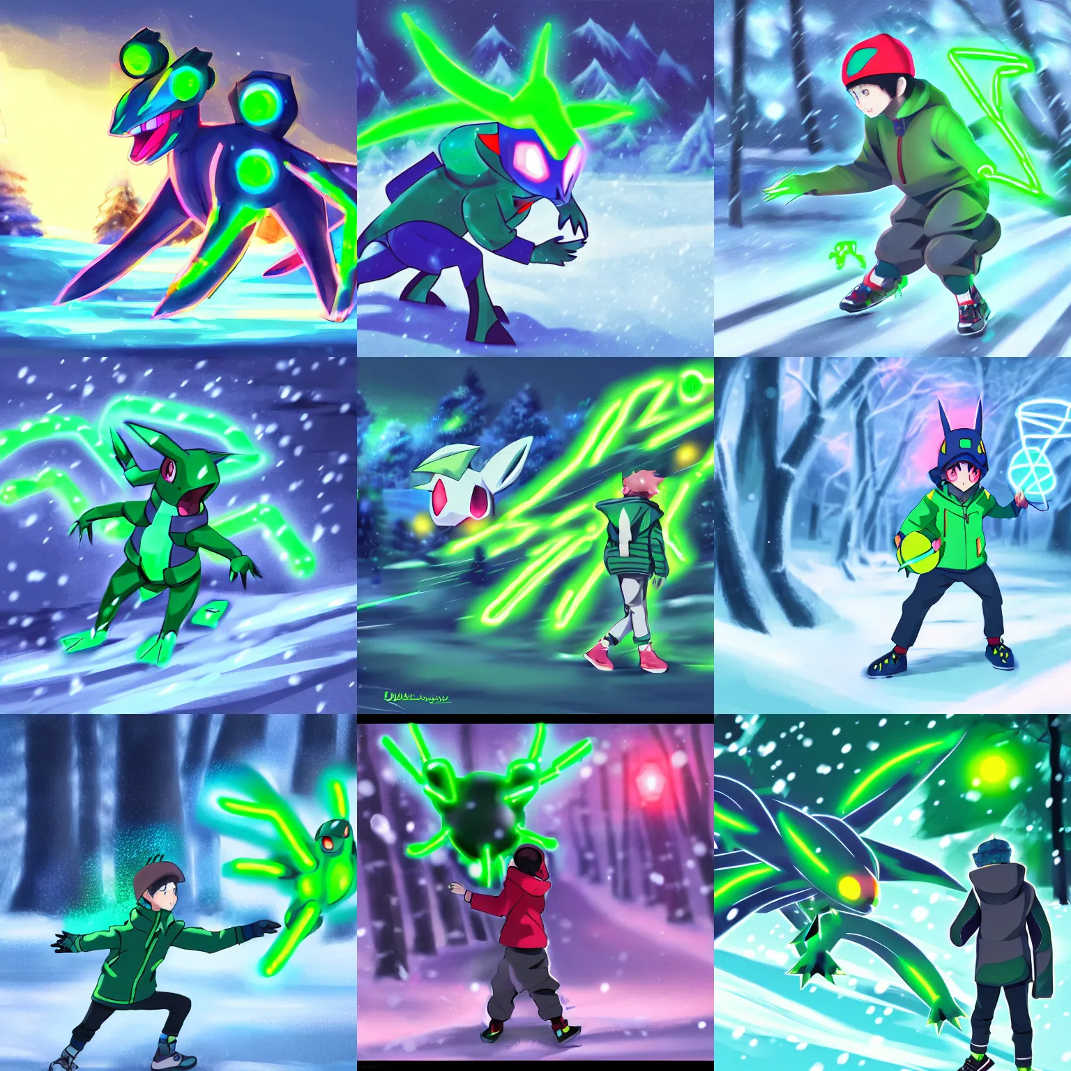 Prompt: a boy in winter clothing, trying to catch a neon green dialga with a masterball, concept art, digital art, detailed, anime, pokemon, 8 k hd