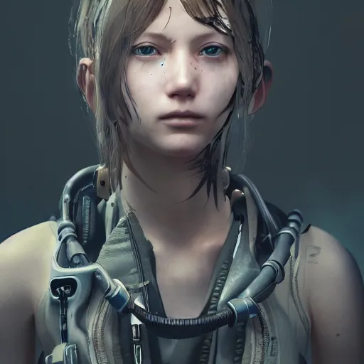 Image similar to highly detailed portrait of a post-cyberpunk young lady by Akihiko Yoshida, Greg Tocchini, 4k resolution, death stranding inspired, fragile