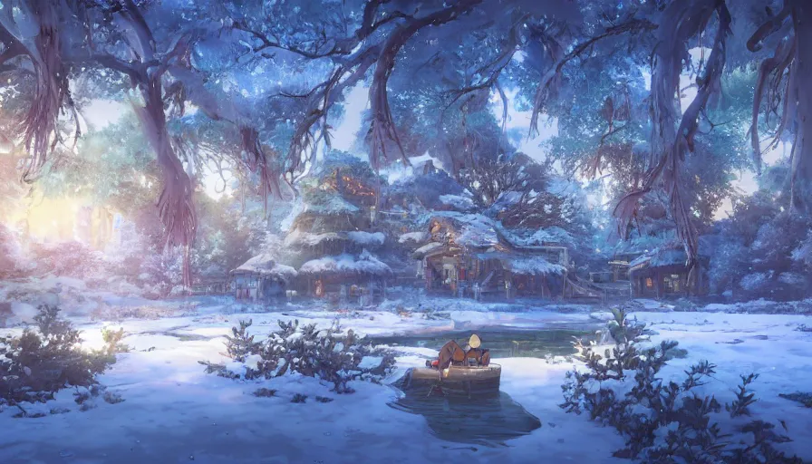 Image similar to a beautiful winter wonderland with a pond, beautiful ancient trees, hiding large treasure chest, serene evening atmosphere, soft lens, soft light, cel - shading, animation, in the style of cgsociety, deviantart, artstation, zbrush, cinema 4 d, studio ghibli, akihiko yoshida, atelier lulua, masamune shirow