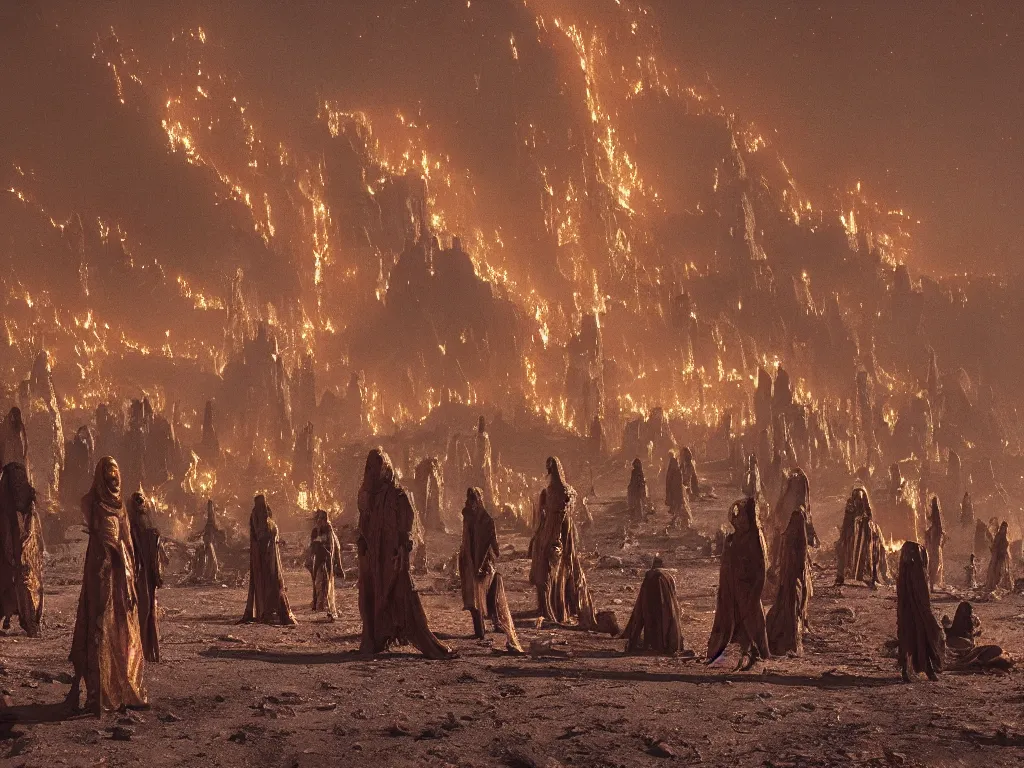 Prompt: the line of glowing bene gesserit people in full - face golden masks in a dry rocky desert landscape with ancient abandoned city beneath the sand and giant alien spaceship in smoke and fire by christopher doyle and alejandro jodorowsky, anamorphic lens, kodakchrome, cinematic composition, very detailed photo, 8 k,