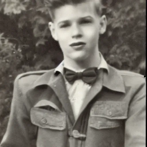 Image similar to a photographic of a very handsome young man in the 1 9 5 0 s, he is at camp