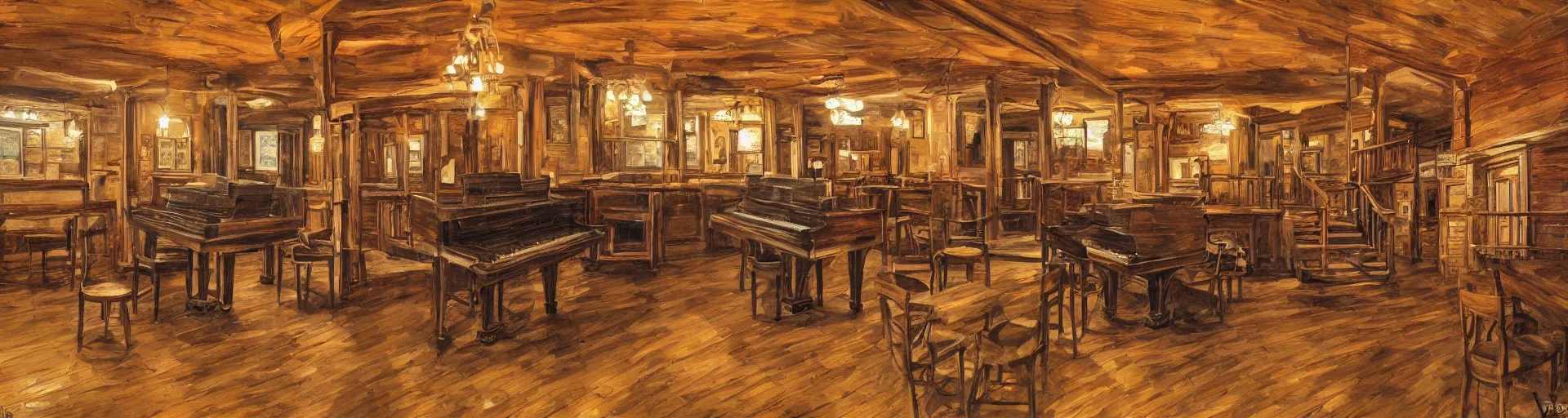 Prompt: Empty Old West Saloon at the break of day with a Grand Piano and Staircase, Acrylic