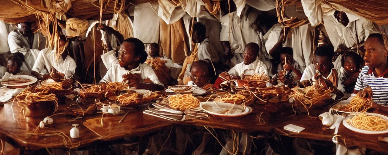 Image similar to vasco da gama sailing around africa, eating spaghetti, small details, intricate, canon 8 0 mm, cinematic lighting, wes anderson film, kodachrome