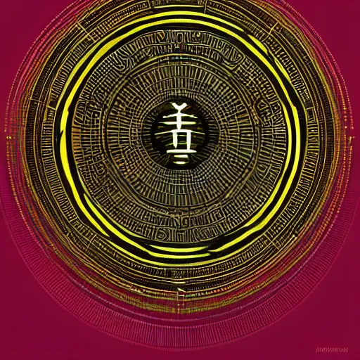 Prompt: 2 d techno buddha in front of concentric geometric radial sun portal with ancient wuji symbols embedded within it, fine lines, sci fi, artstation, yoshitaka amano