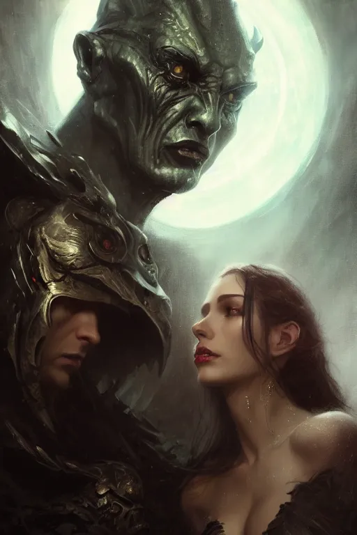 Prompt: face to face to a dark lord, portrait of a beautiful woman and man looking to each other, high detail, partially in shadow, dark fantasy, sci - fi vibe, face, by gaston bussiere, bayard wu, greg rutkowski, auguste bourotte, bastien deharme, masterpiece, sharp focus, cinematic lightning