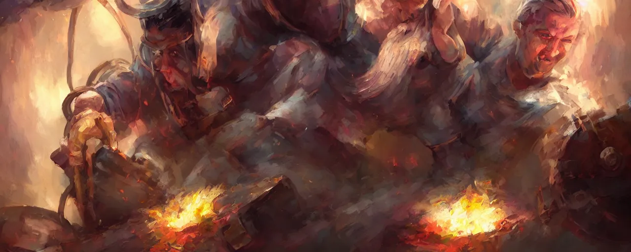 Image similar to blacksmith hard at work, fantasy splash art, promotional art, detail face, grimace, style Charlie Bowater, dutch angle, colorful and expressive