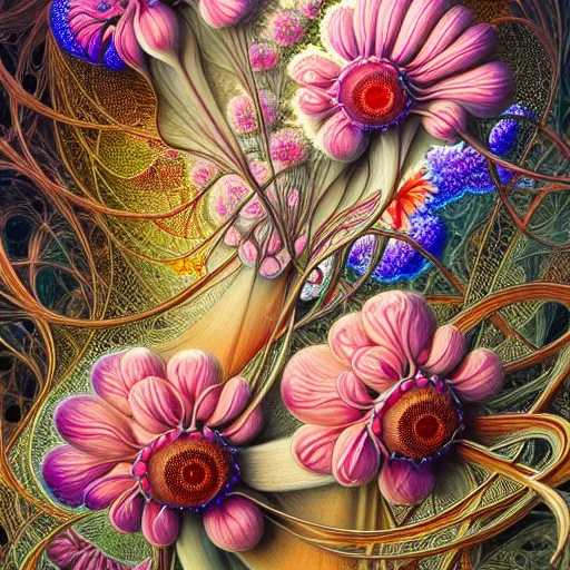 Image similar to an ultra hd detailed painting of many different types of flowers by Android Jones, Earnst Haeckel, James Jean. behance contest winner, generative art, Baroque, intricate patterns, fractalism, movie still, photorealistic