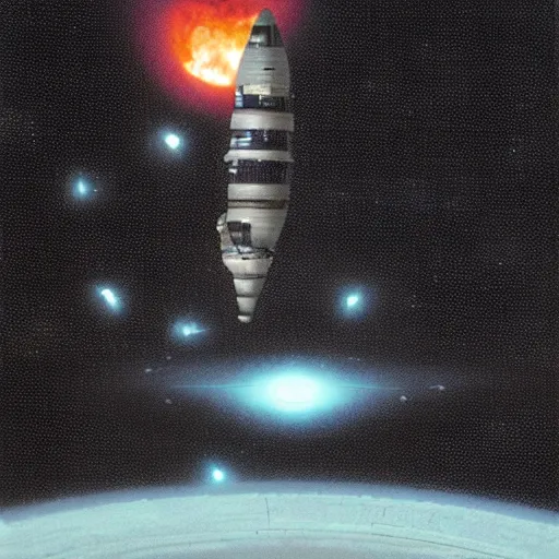 Prompt: Spaceship by the gravity well of a black hole, inspired by Chris Foss and Keith Parkinson