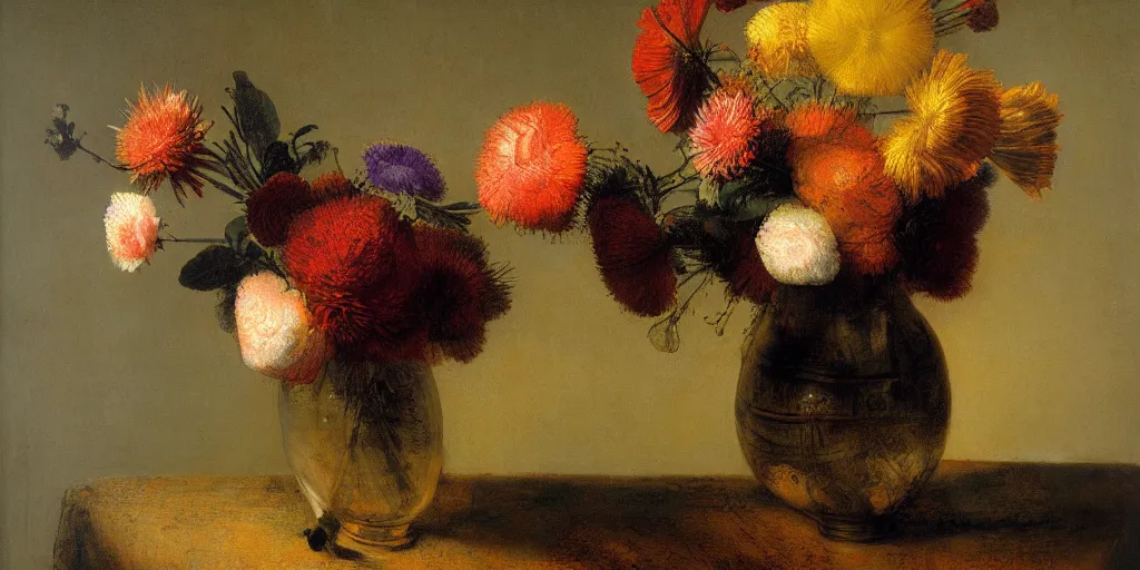 Prompt: vase big flowers, by rembrandt, soft light