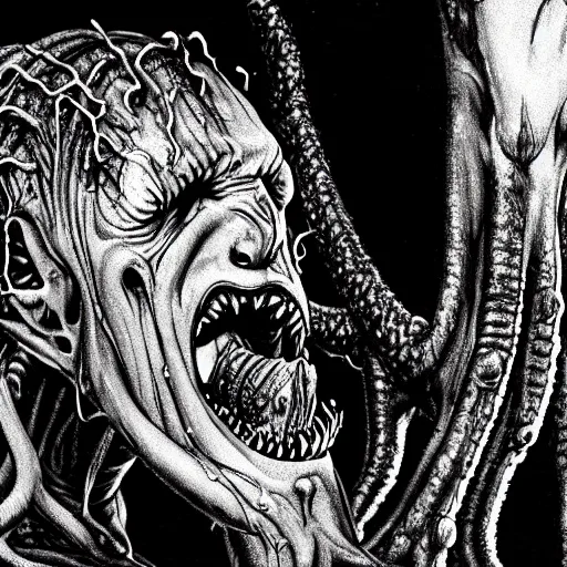 Prompt: blasphemous vile creature from The Thing, Cronenberg, Greg nicotero Cthulhu eating a human disgustingly