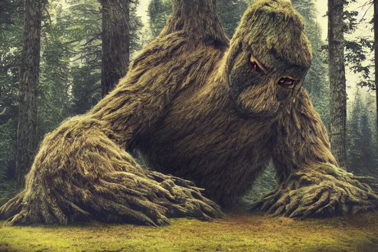 Image similar to huge tree monster in a swedish forest, very low angle photograph, very detailed, trending on artstation, realistic, soft colors, illustration by john bauer, simon stålenhag