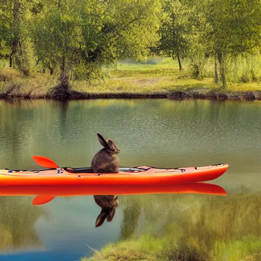 Image similar to a rabbit posing with a kayak next to a calm swedish river, 4k photorealistic