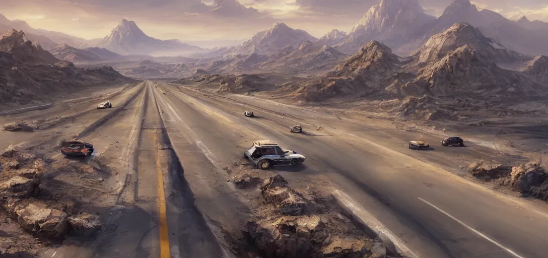 Image similar to a desolate highway in the middle of the nevada desert, drawn by artgerm and greg rutkowski, establishing shot, opening film shot, video game cinematic, highly detailed, digital painting, concept art, movie poster art, cinematic framing, cinematic lighting, illustration, trending on artstation