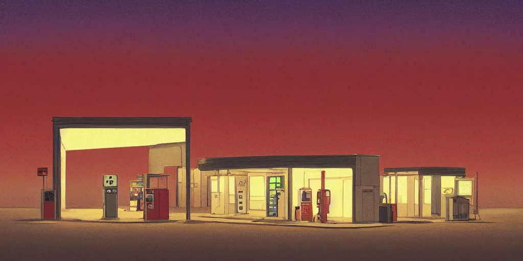 Image similar to An abandoned gas station in the desert at night, creepy and dramatic atmosphere, digital art by Studio Ghibli and Edward Hopper