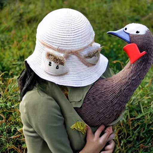 Prompt: an adorable anime girl wearing a sunhat hugging a goose