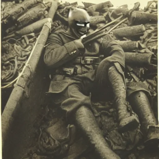 Prompt: world war i photo of batman in the trenches