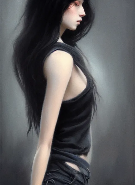 Image similar to ultradetailed beautiful painting of a stylish young lady wearing a short top, dramatic, she has black long hair, distressed, volumetric light, full body portrait by greg rutkowski, ilya kuvshinov, james jean, makoto shinkai, on artstation