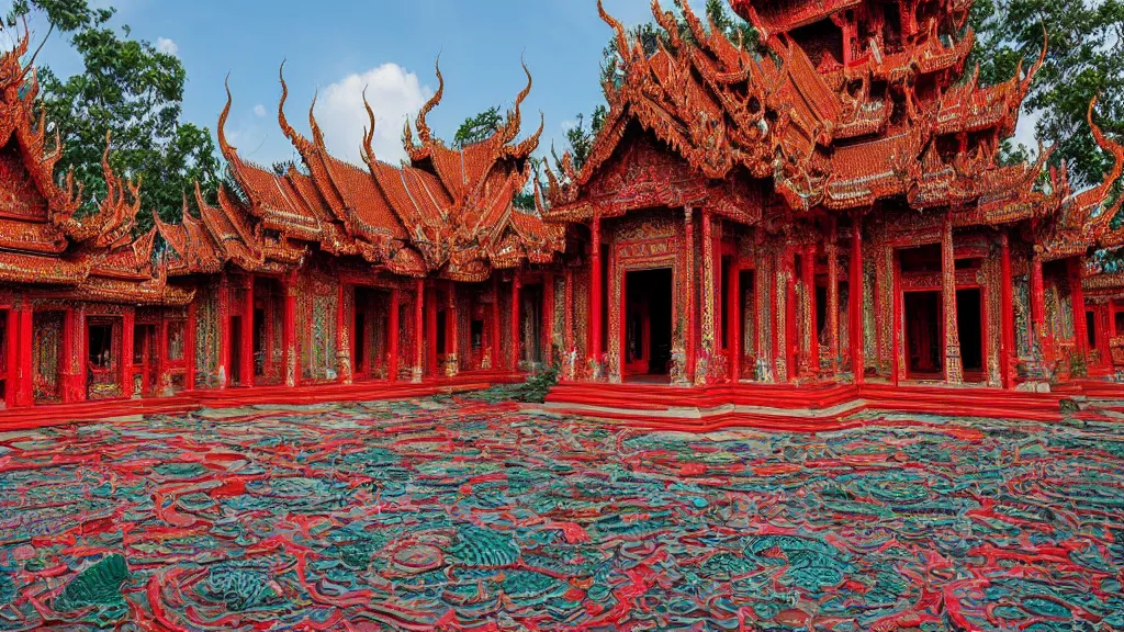 Prompt: a beautiful ancient godly temple of Wat Rong Khun, red and teal color scheme, detailed and realistic, by dan mumford