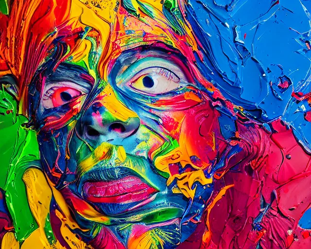 Image similar to abstract expressionist portrait of a head showing strong negative emotions painted with very thick impasto paint and acrylic pour and coloured powder explosion and splashing paint and dripping paint and flying paint chunks, dimmed realistic colours, motion blur, hyperrealistic, intricate art photography, anatomically correct, realistic crisp textures, 1 6 k