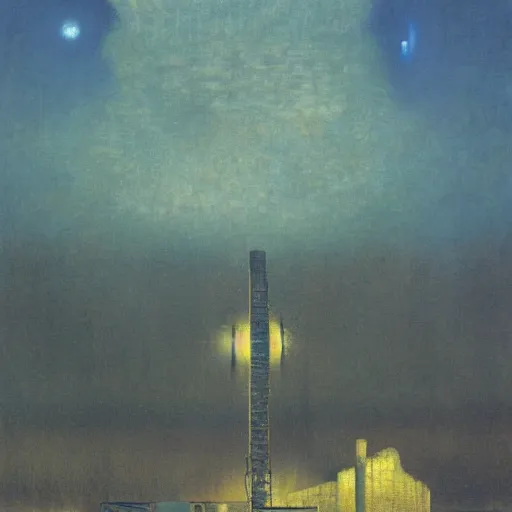 Image similar to detailed painting of a satellite station, exterior, ornaments, volumetrics lights, beam of bright lights through the clouds, beksinski, bougeureau