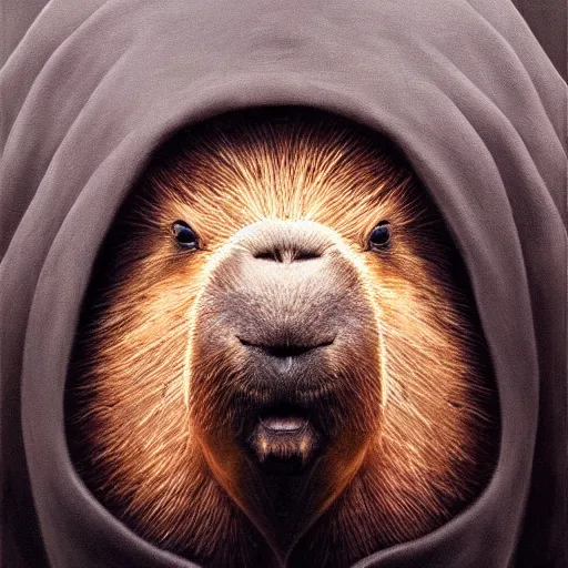 Image similar to a portrait of a capybara wearing a black hood, cloak covering face, anatomically correct, beautiful perfect face, enigmatic, oil painting, matte, black background, volumetric dynamic lighting, highly detailed, cinematic lighting, unreal engine, 8 k, hd, by beksinski