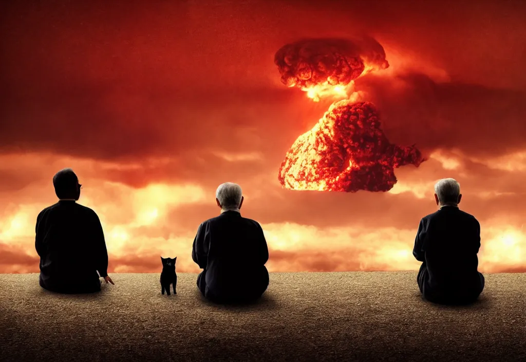 Image similar to old man sitting with black cat watching nuke explosion close up shot from behind, cinematic movie close up shot from behind, background blur bokeh, world ending nuke, 4 k