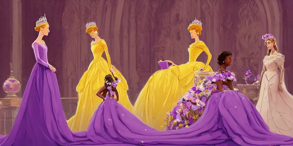 Prompt: portrait of princess sophia is dressed in purple, and the other girl is dressed in yellow. they are all beautiful, elegant and detailed. there are beautiful vases beside them, by greg rutkowski, by greg tocchini, by james gilleard, by joe gb fenton, by in kaethe butche