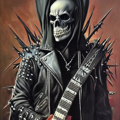 Prompt: a portrait of the grim reaper as a punk rocker, punk, skeleton face, mohawk, dark, fantasy, leather jackets, spiked collars, spiked wristbands, piercings, boots, guitars, motorcycles, ultrafine detailed painting by frank frazetta, detailed painting