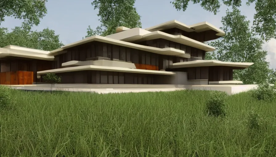 Image similar to modern temple house inspired by tibetan architecture, on a green hill between trees, frank lloyd wright, realistic render, birdseye view