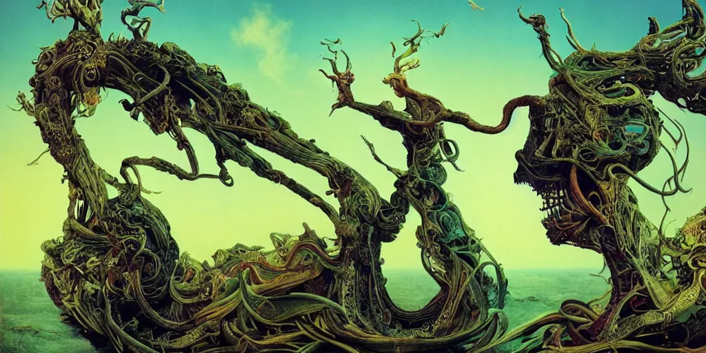 Image similar to ultrawide angle colour masterpiece surreal closeup portrait photography of surrealism by annie leibovitz and michael cheval, incredible sense of depth and perspective and clarity, weird surreal epic psychedelic complex biomorphic 3 d fractal landscape giant beast skull by kilian eng and roger dean and giger and salvador dali and beksinski, 8 k