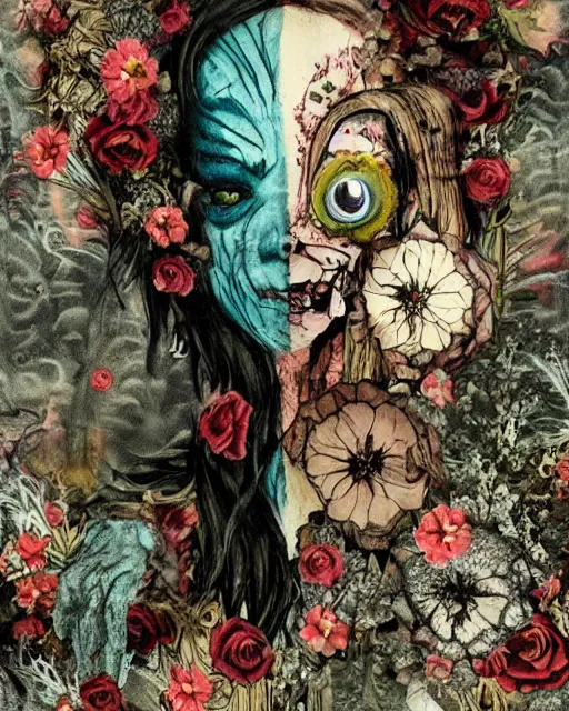 Prompt: a pretty but sinister and creepy monster in layers of fear decoupage, with haunted eyes, wearing punk clothing, violence in his eyes, 1 9 7 0 s, seventies, delicate embellishments, a little blood, woodland, blue dawn light shining on wildflowers, painterly, offset printing technique