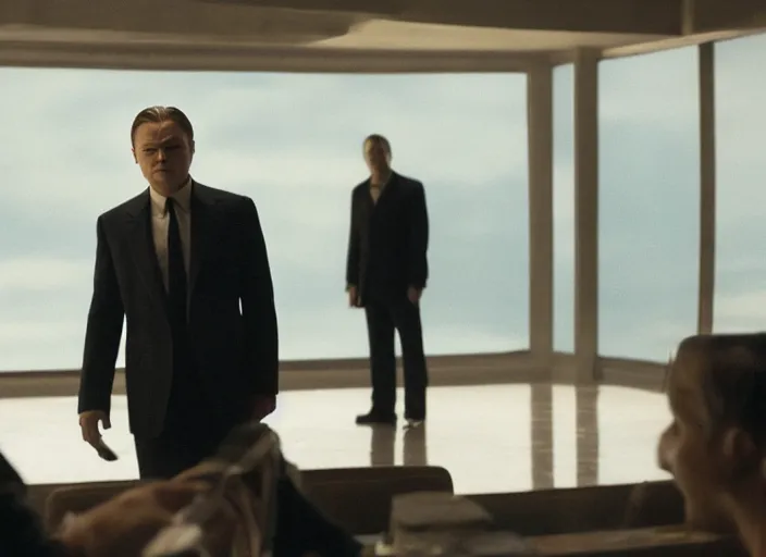 Prompt: film still of Leonardo DiCaprio as Cobb with the world bending in the background in Inception, 4k
