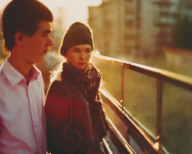 Image similar to lomo photo of pair standing on small hrushevka balcony full with cigarette smoke in small russian town looking at sunset, cinestill, bokeh