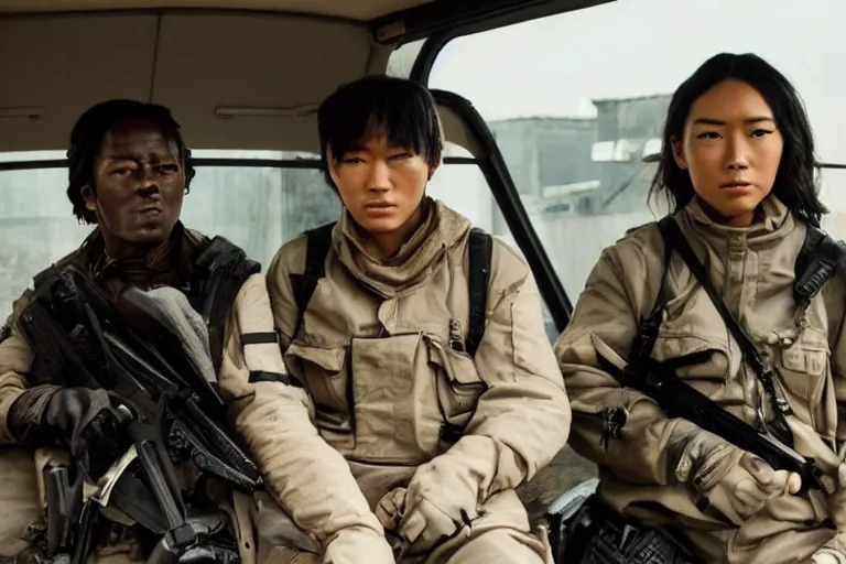 Image similar to movie diverse interracial team of Japanese robbers armed with rifles interior clean futuristic tactical van, beautiful skin, Symmetrical faces. natural lighting by Emmanuel Lubezki