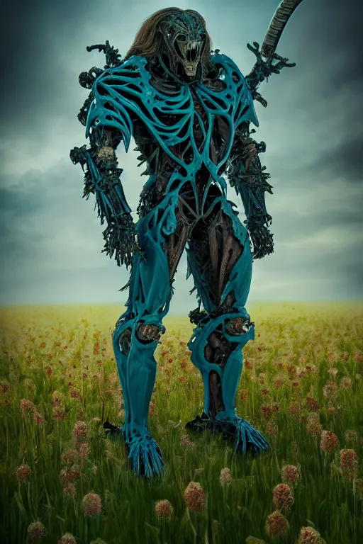 Prompt: neo - gothic giant muscular humanoid chimera, exoskeleton armor, holding katana, standing in a field of flowers, highly detailed smooth concept art masterpiece, vitaly bulgarov giger dramatic dark teal light, ground angle hd 8 k, sharp focus