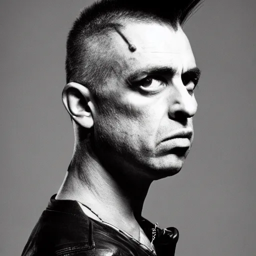 Image similar to punk rock, travis bickle has a mohawk, on a checkered floor, studio portrait