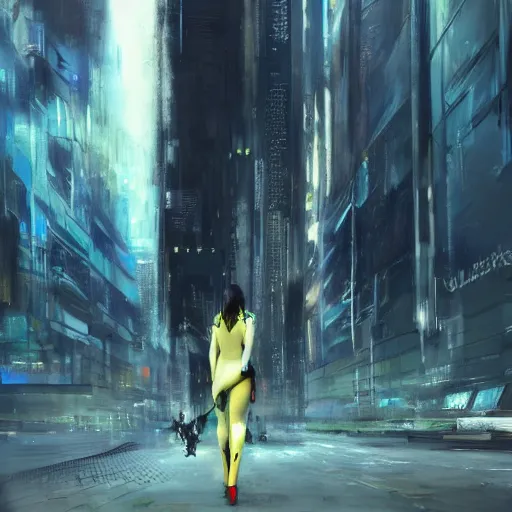 Image similar to lady dressed in latex catsuit, in a futuristic cyberpunk city, long hair, high heels, walking towards camera, cinematic, low angle, fog, wide angle, by John Berkey , trending on art station