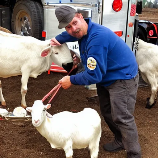 Image similar to a jew milking a goat in a fire truck