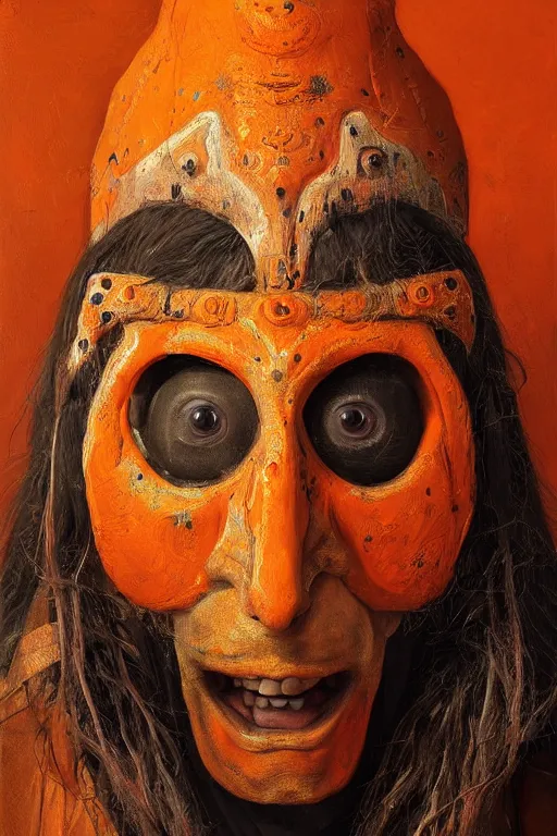 Image similar to portrait, headshot, digital painting, an old shaman in slavic wooden orange - painted ritual mask, realistic, hyperdetailed, chiaroscuro, concept art, art by frans hals