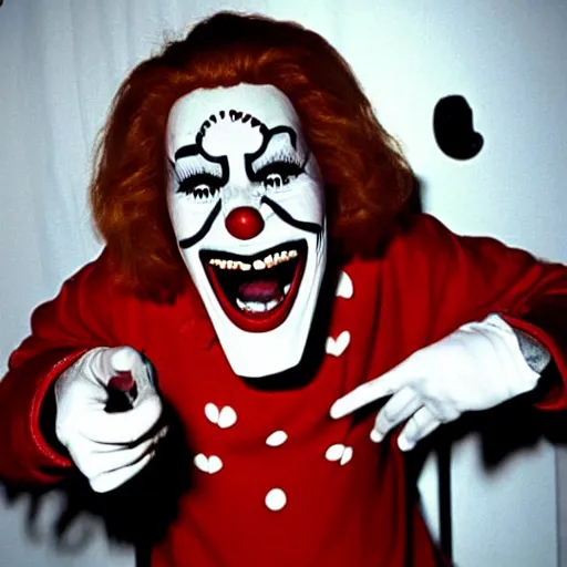 Image similar to creppy 2 0 0 3 photo of ronald mcdonald screaming in a dark room