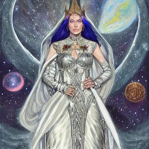 Prompt: A concept art of a beautiful elf queen wearing starry silver dress painted by Donato Giancola