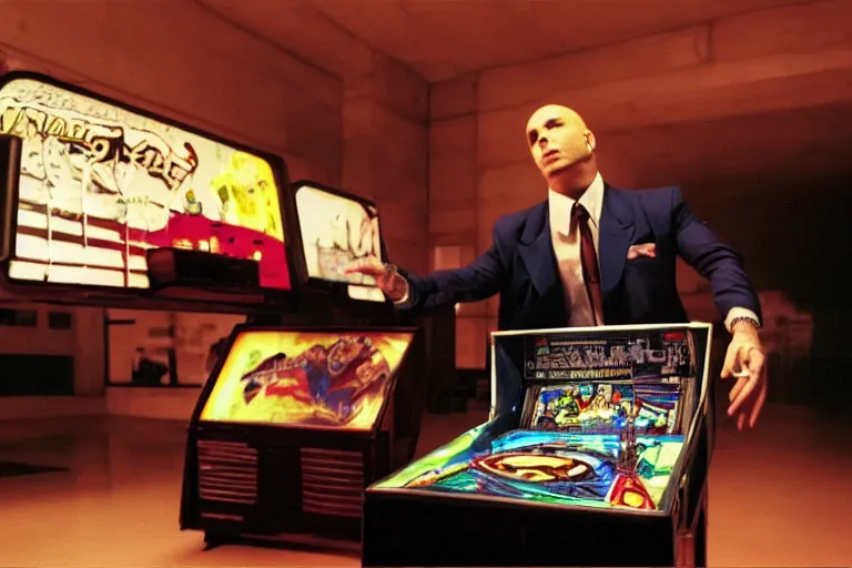 Image similar to pitbull playing a pitbull pinball machine, over the shoulder perspective, in 1 9 8 5, y 2 k cybercore, industrial low - light photography, still from a kiyoshi kurosawa movie