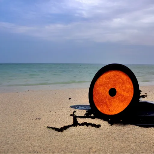 Prompt: a broken disk on the beach