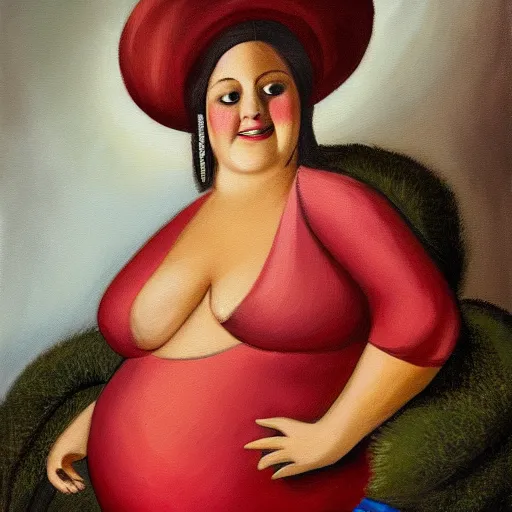 Image similar to Oil painting of a fat woman posing in a diamond dress and extravagant hat