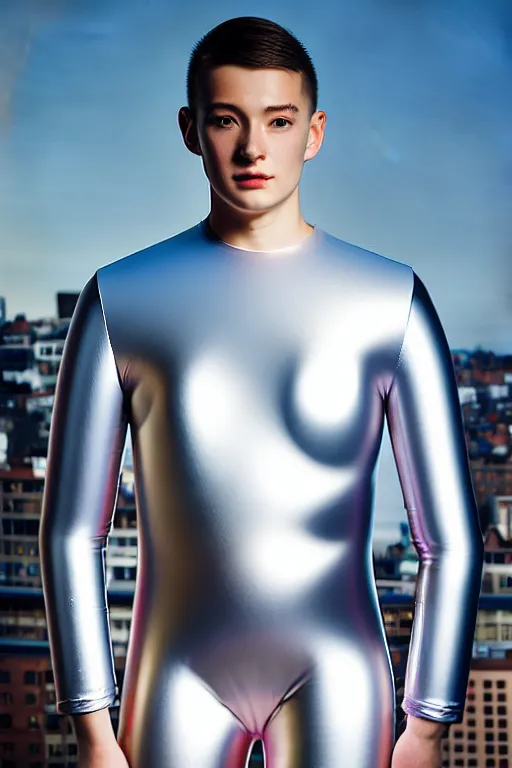 Image similar to un ultra high definition studio quality photographic art portrait of a young man standing on the rooftop of a british apartment building wearing soft baggy inflatable padded silver iridescent pearlescent clothing. three point light. extremely detailed. golden ratio, ray tracing, volumetric light, shallow depth of field. set dressed.