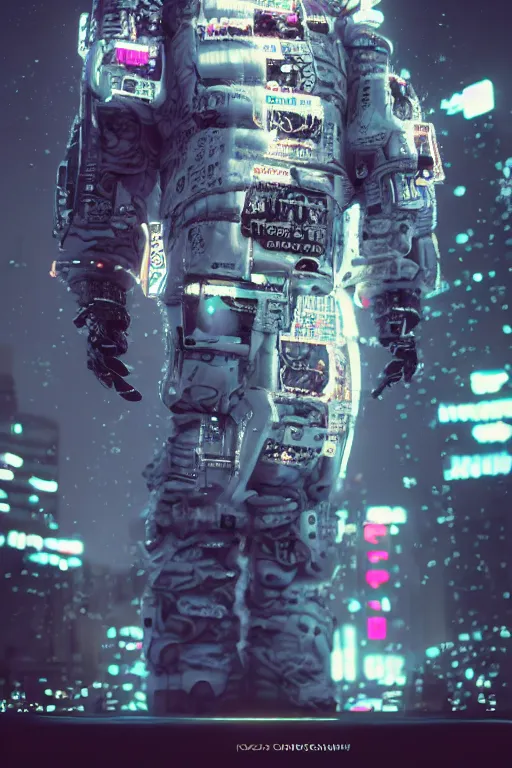 Image similar to Cyberpunk Marshmallow Man, dark atmosphere, cinematic shot, intricate, ornate, photorealistic, ultra detailed, realistic, 100mm, photography, neon, octane, high definition, depth of field, bokeh, 8k, artstation