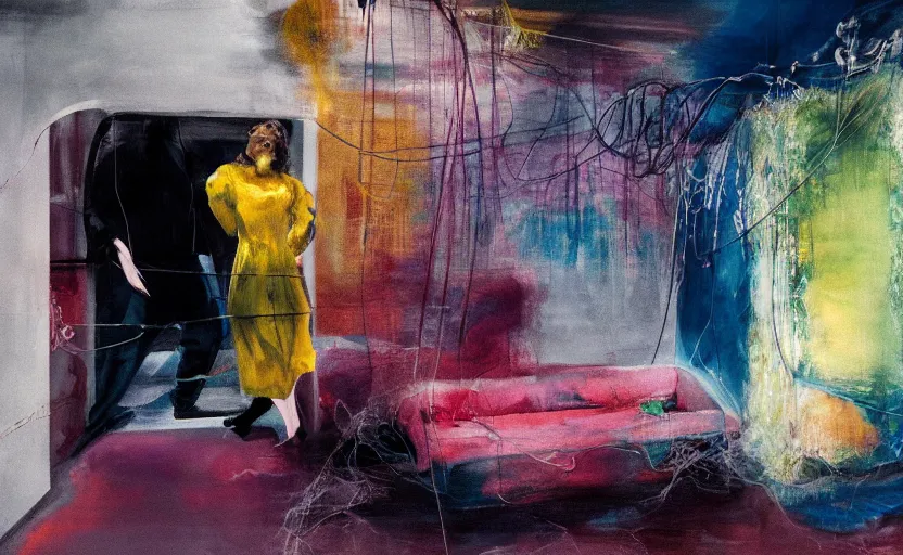 Image similar to abandoned lovers merging into each other in a the void metro, wrapped in wires, couches melting, Adrian Ghenie, 8k, Peter Doig, style of Edward Hopper, Todd Hido, Jenny Saville, colors of Mark Rothko